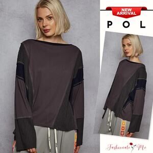 POL Contrast Round Neck Multi Texture Long Sleeves Relaxed Fit T-Shirt | Dk Grey